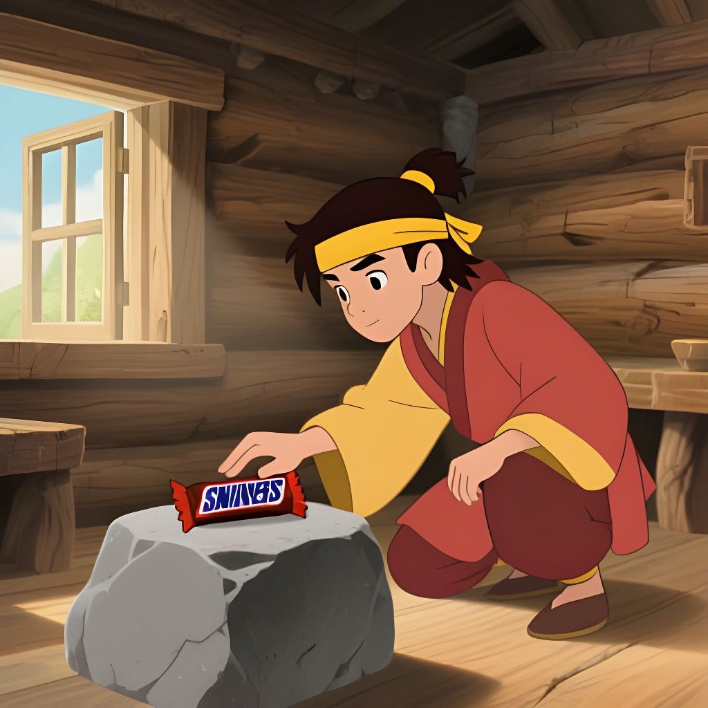 Young Man Reaches For Snickers In Rustic Cabin