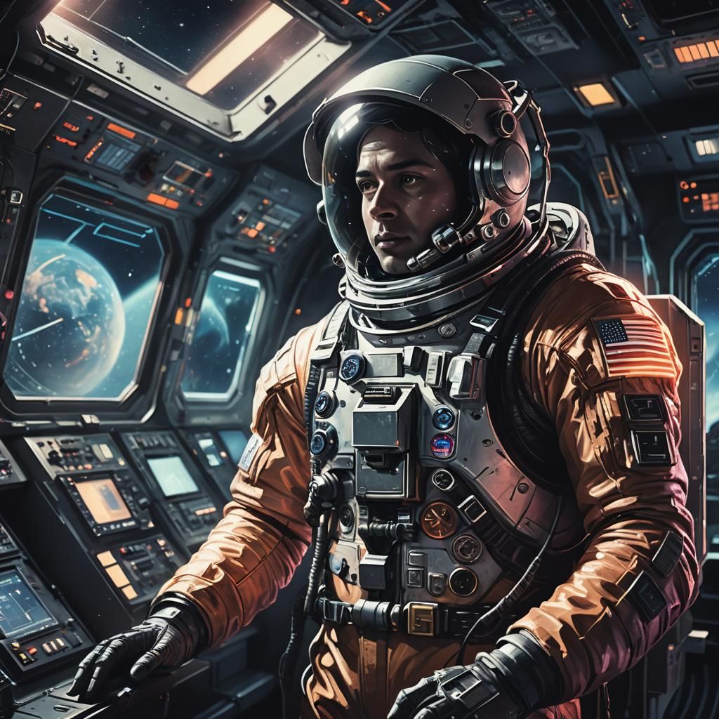 Astronaut in Spaceship Control Room: Sci-Fi Concept Art