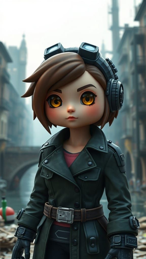 Cyberpunk Chibi Cyborg Mary Jane Watson in Post-Apocalyptic...
