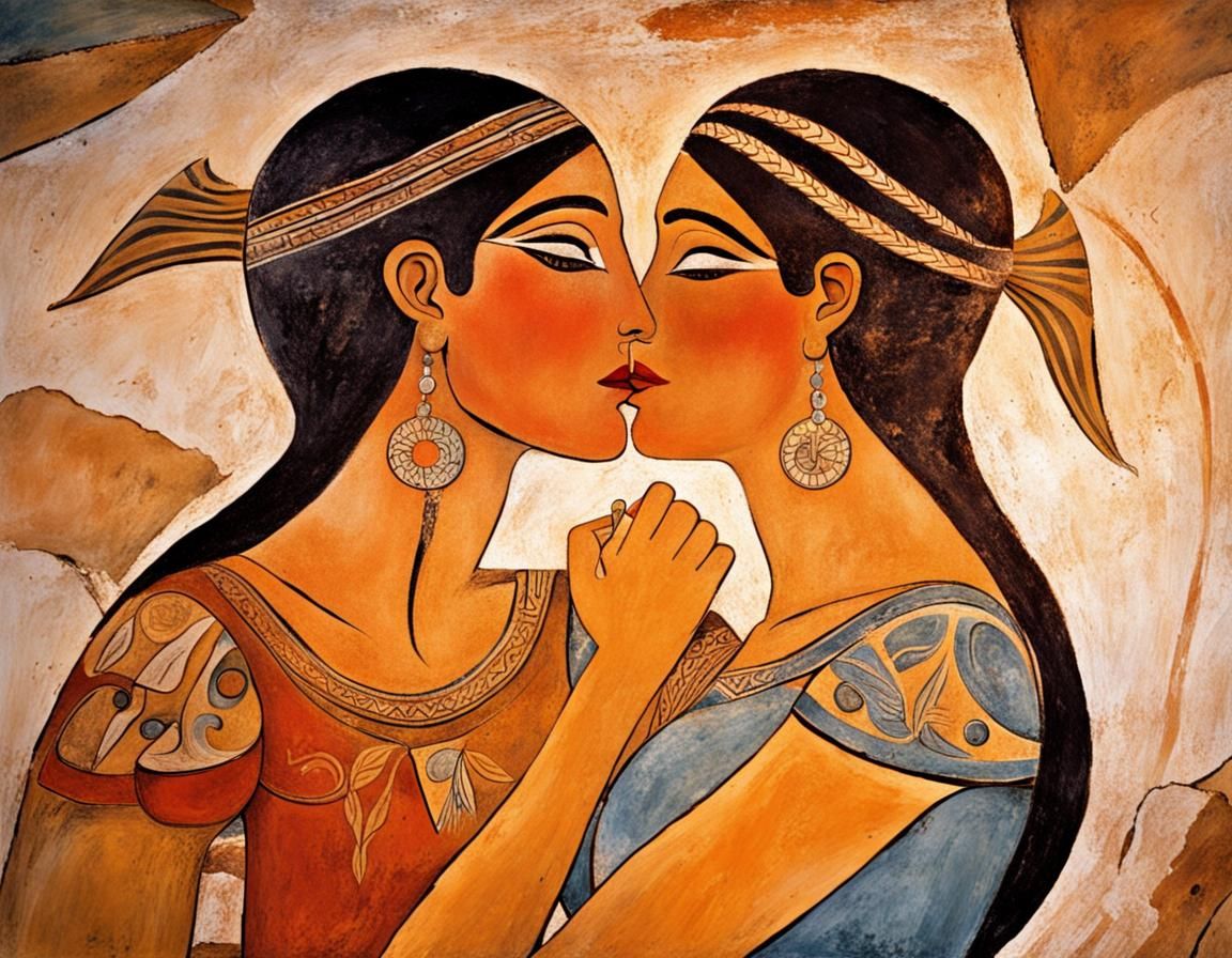 Mycenaean Fresco: Two Women Kissing in Atlantis