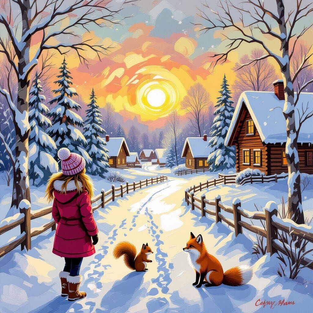 Girl in Winter Snow Scene with Animals, Neo-Impressionist St...
