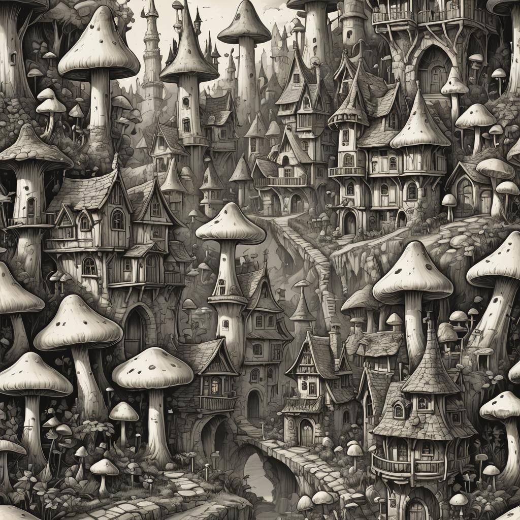 Gothic Mushroom Town Sketch with Pixies