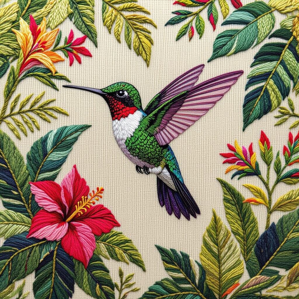 Hummingbird Embroidery Art with Ultra-Fine Details