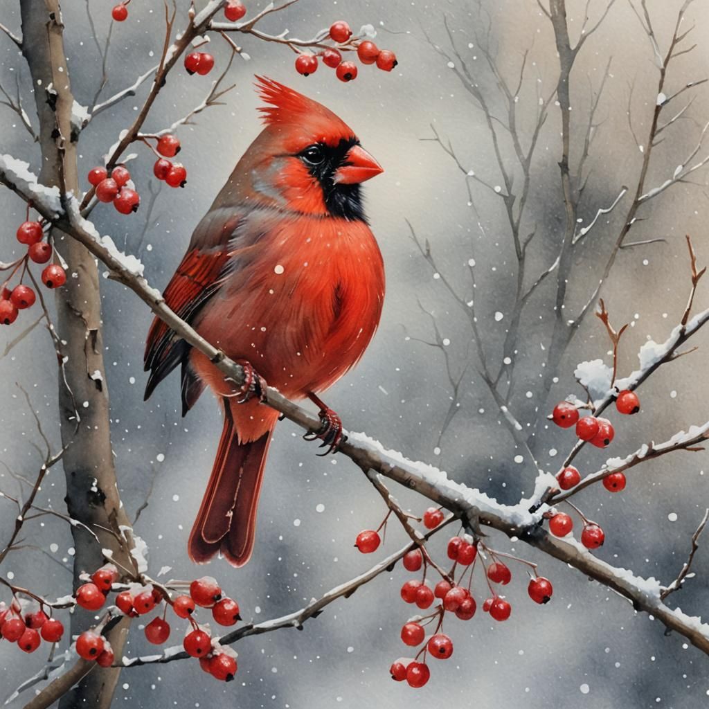 Cardinal in Winter Watercolor Painting