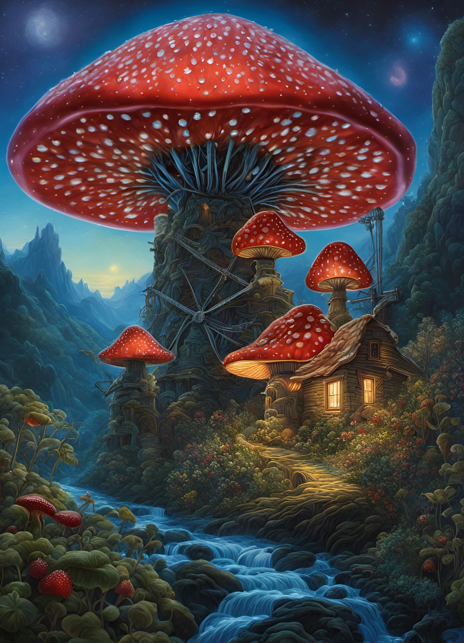 Bioluminescent Strawberry Mushroom Windmills in Congo Landsc...