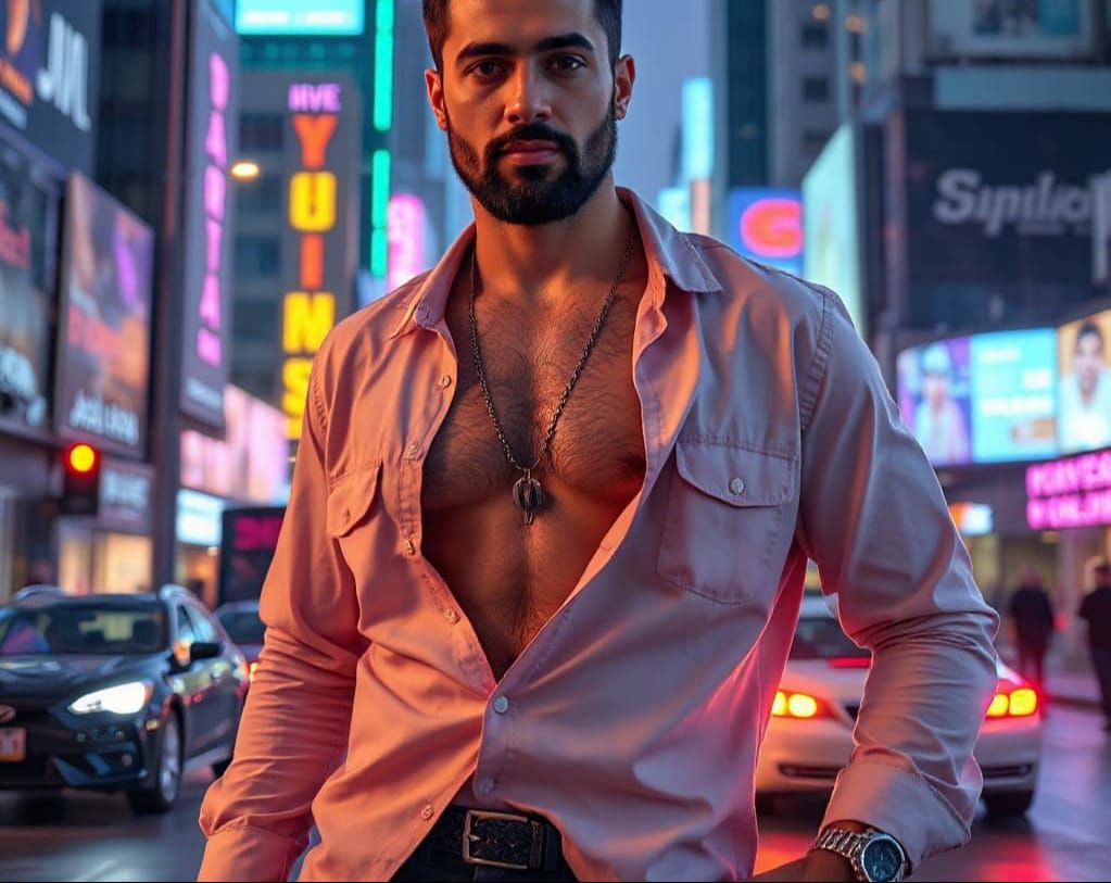 Handsome Arab Man in Cyberpunk City at Night
