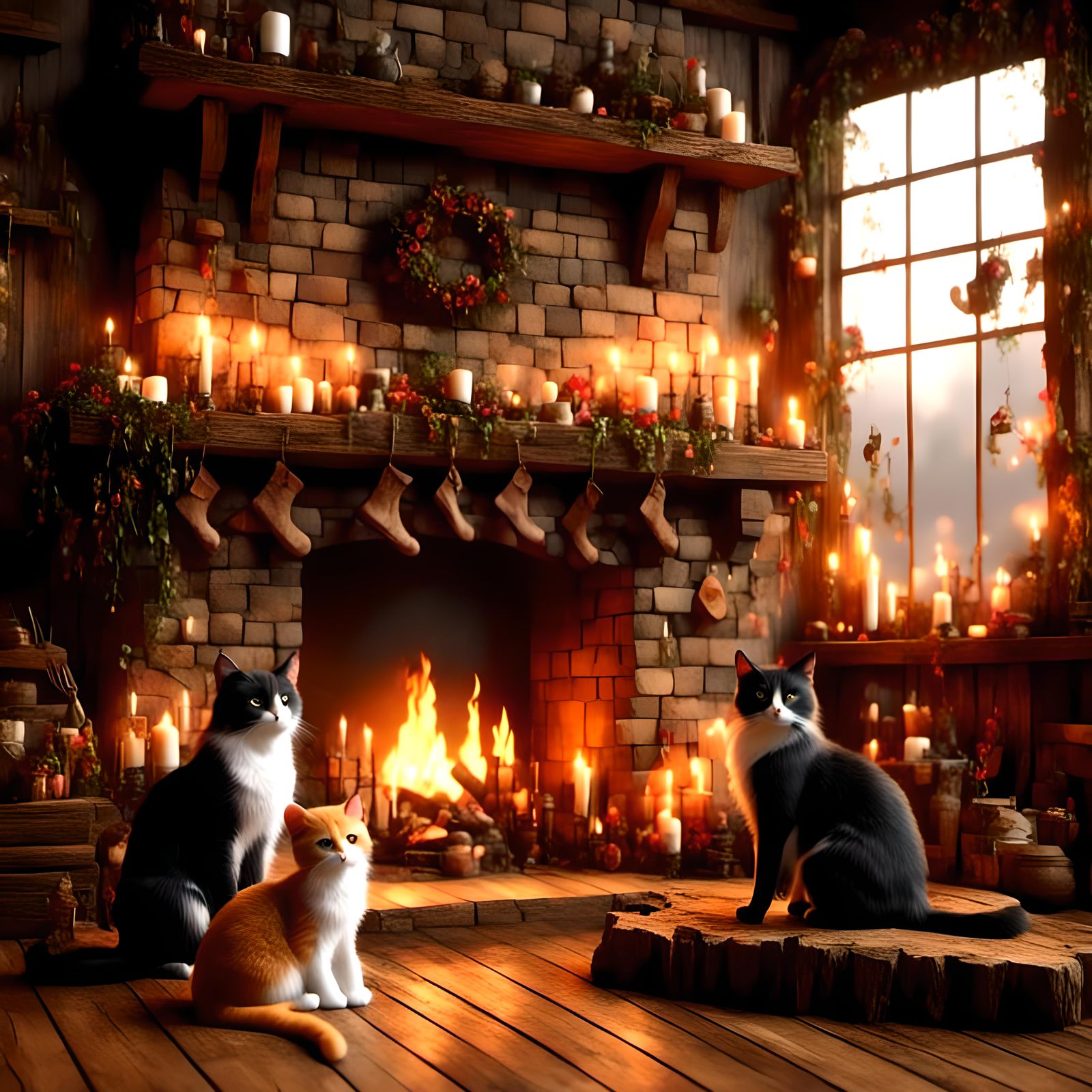 Cozy Cats by Fireplace: Antique Watercolor Scene
