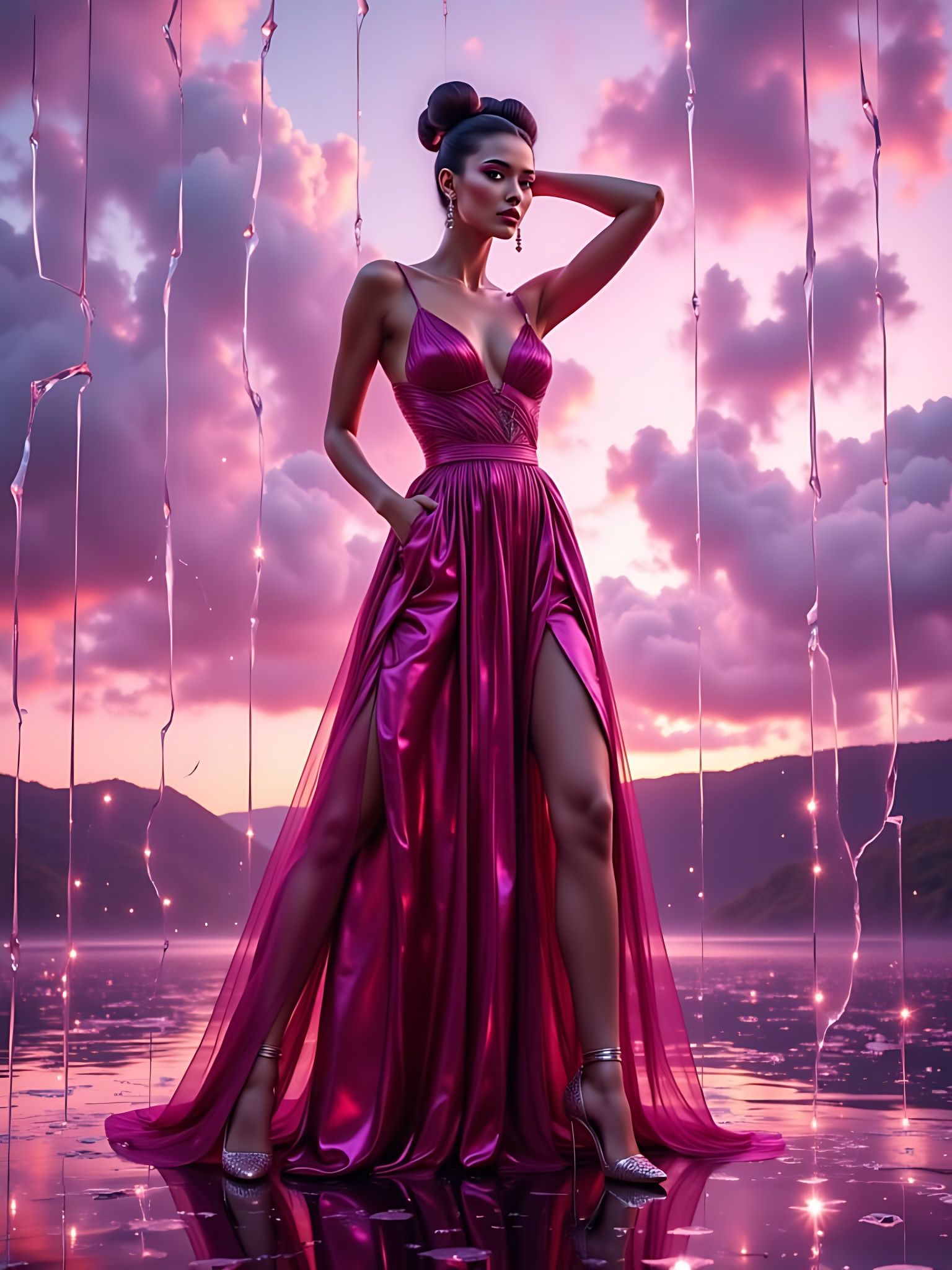 A confident female figure posed in a metallic deep magenta gown with a plunging neckline and high slits that reveal both...