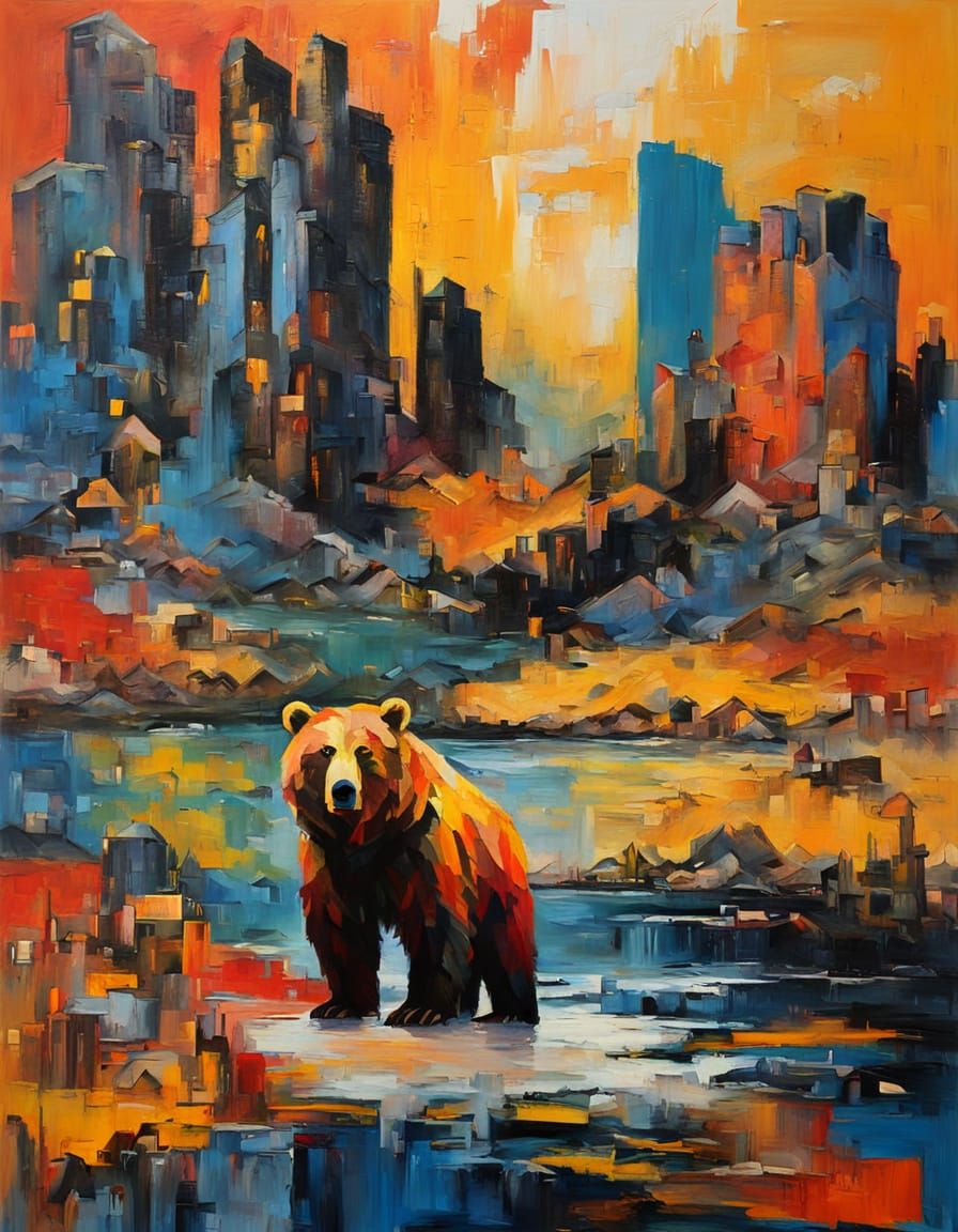 Abstract Bear with Dystopian Industrial Landscape