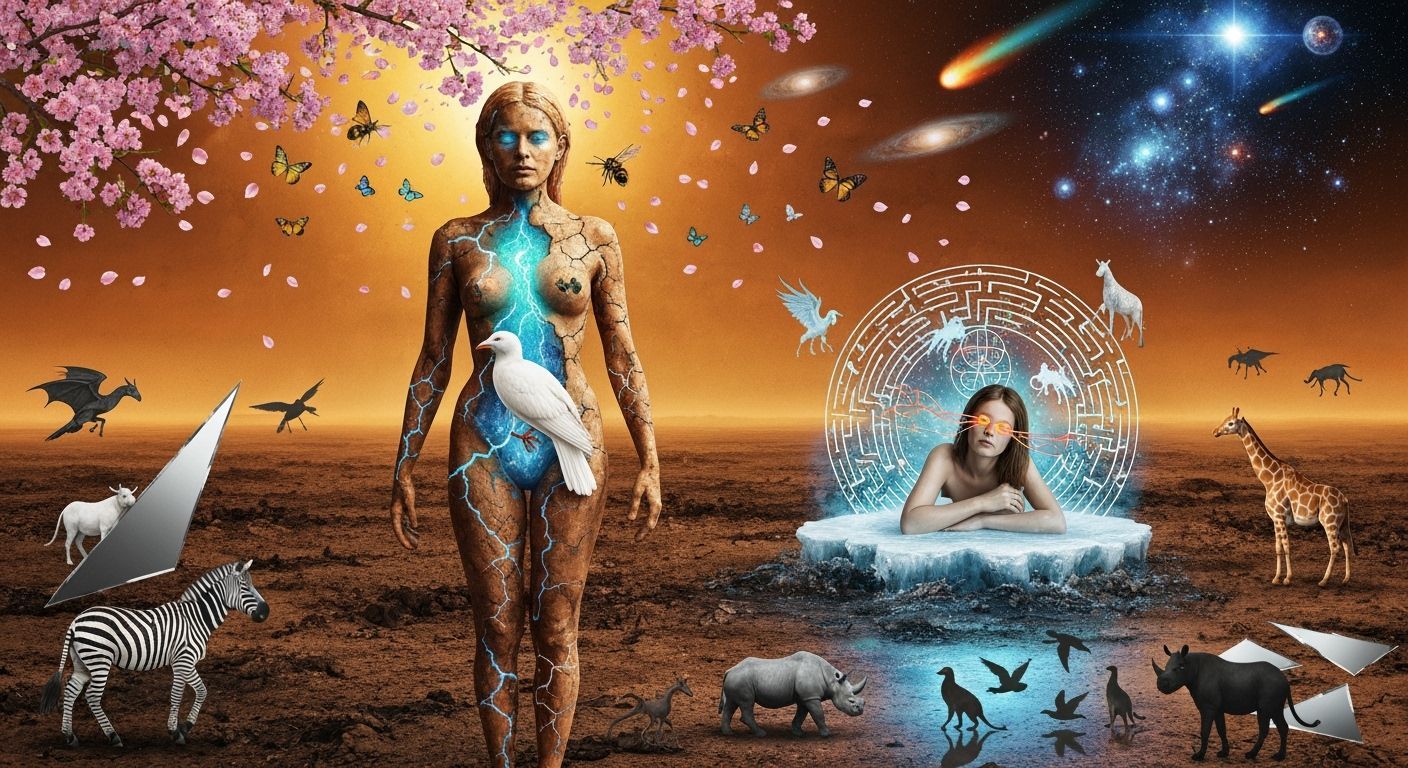 Mystical Shaman with Bioluminescent Core in Cosmic Landscape