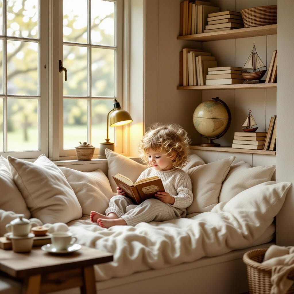 "A cozy reading nook built into a sunlit bay window"