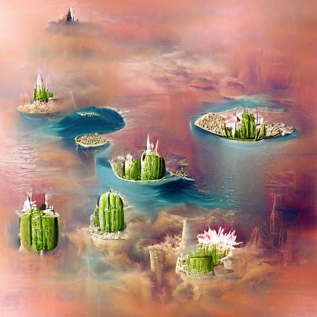 Floating Cityscape with Flowering Cacti