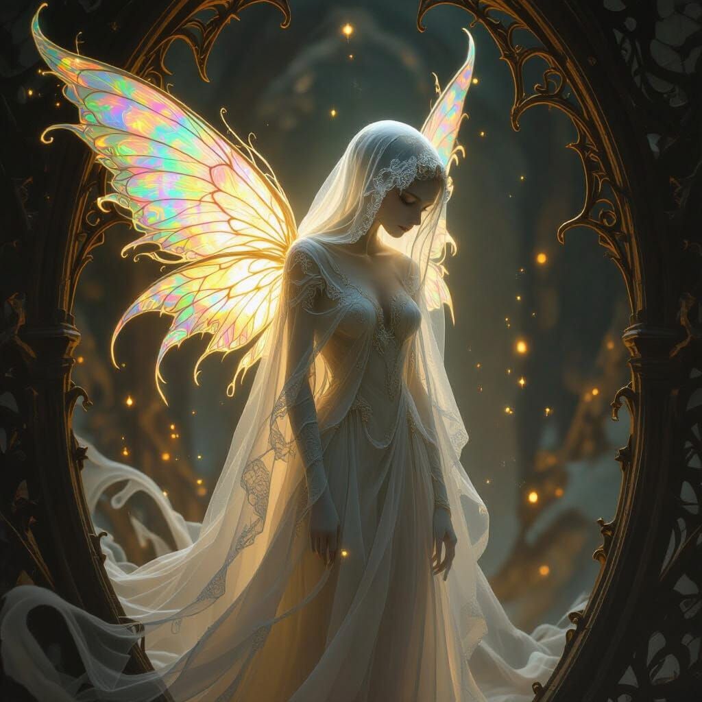 Ethereal Glowing Creature with Iridescent Wings in Gothic La...