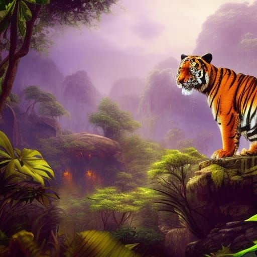 Detailed Baby Tiger in Lush Jungle Ruins