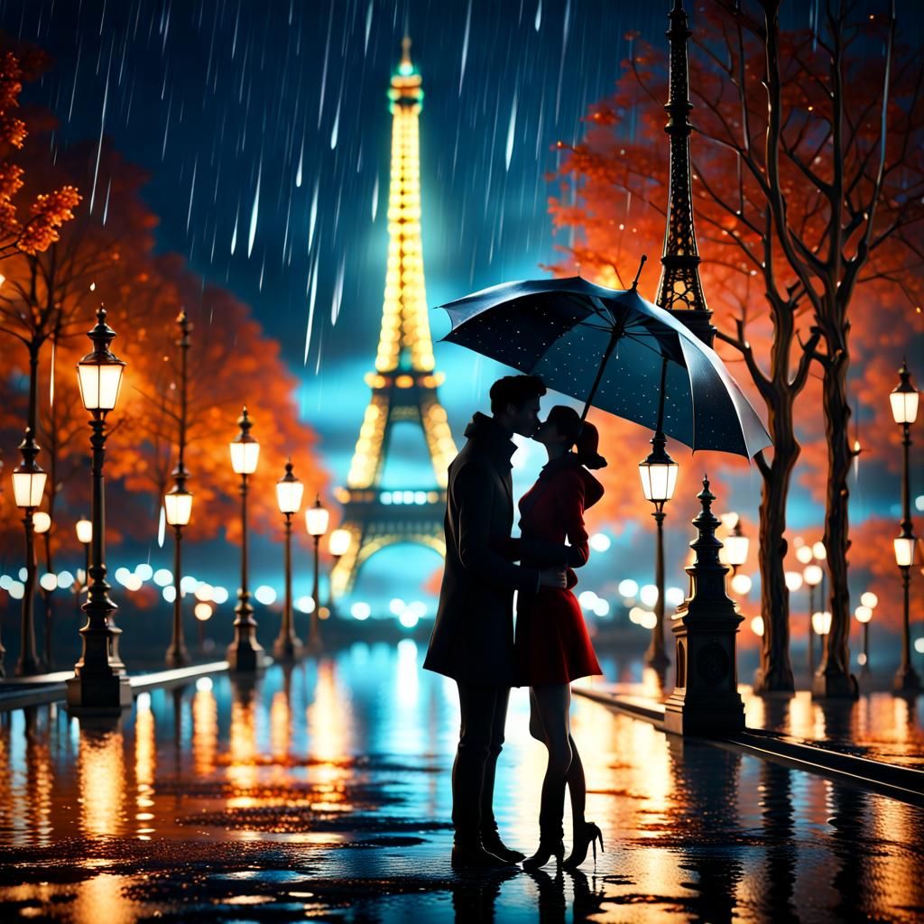 Romantic Paris Eiffel Tower Kiss in Rain