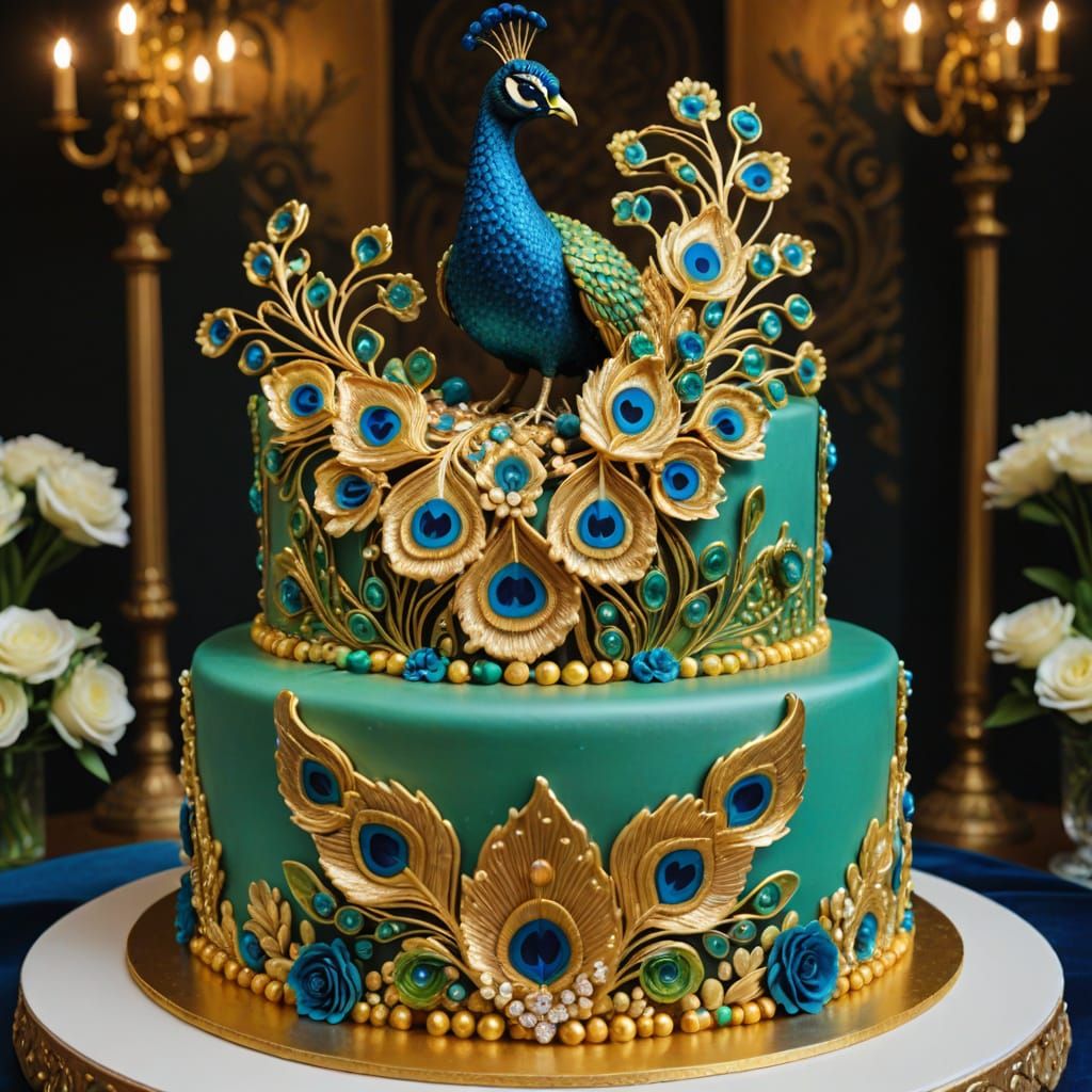 Peacock-Inspired Cake Portrait in Gold