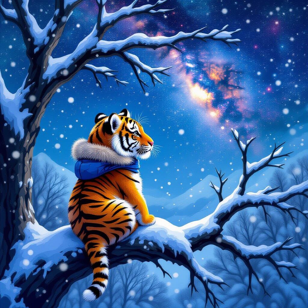 Cute Tiger in Winter Coat Under Astral Sky