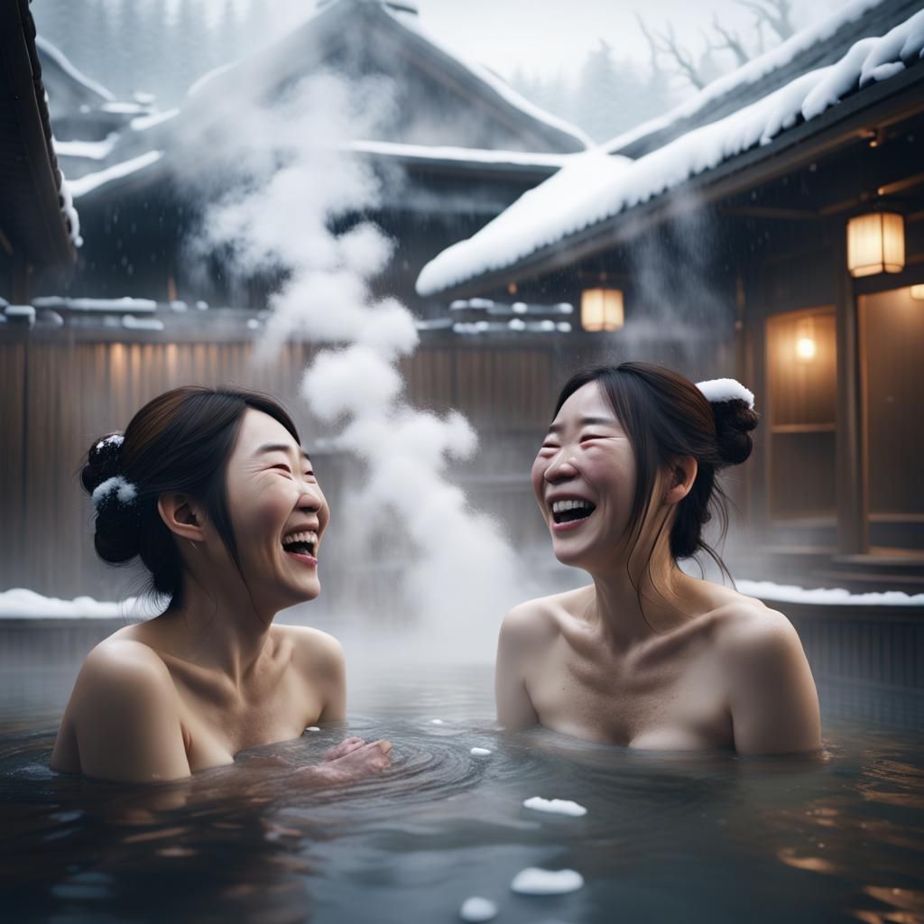 Laughing Women in Winter Onsen: Digital Matte Painting