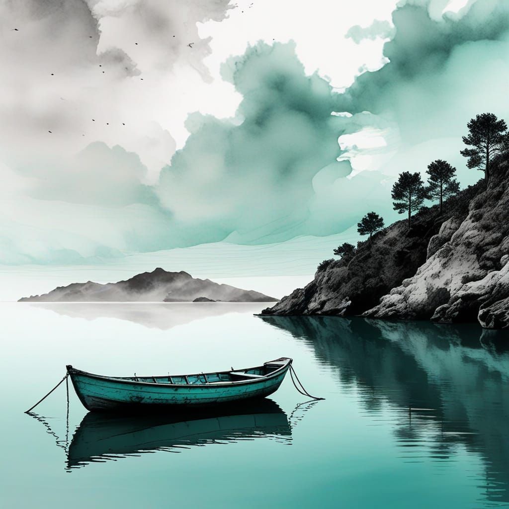 Monochrome Boat on Ocean in Alcohol Ink Style