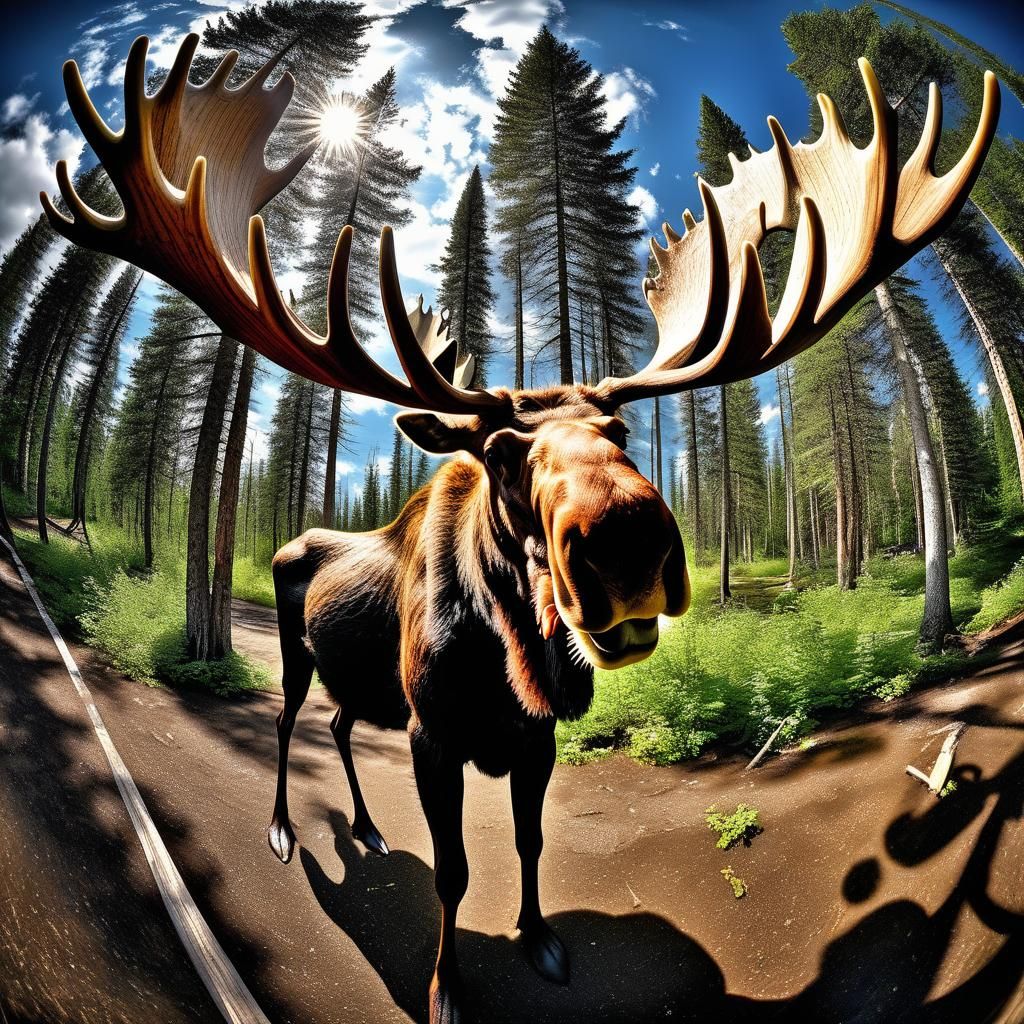 hyperrealistic Photograph a dynamic moose using a fish-eye l...