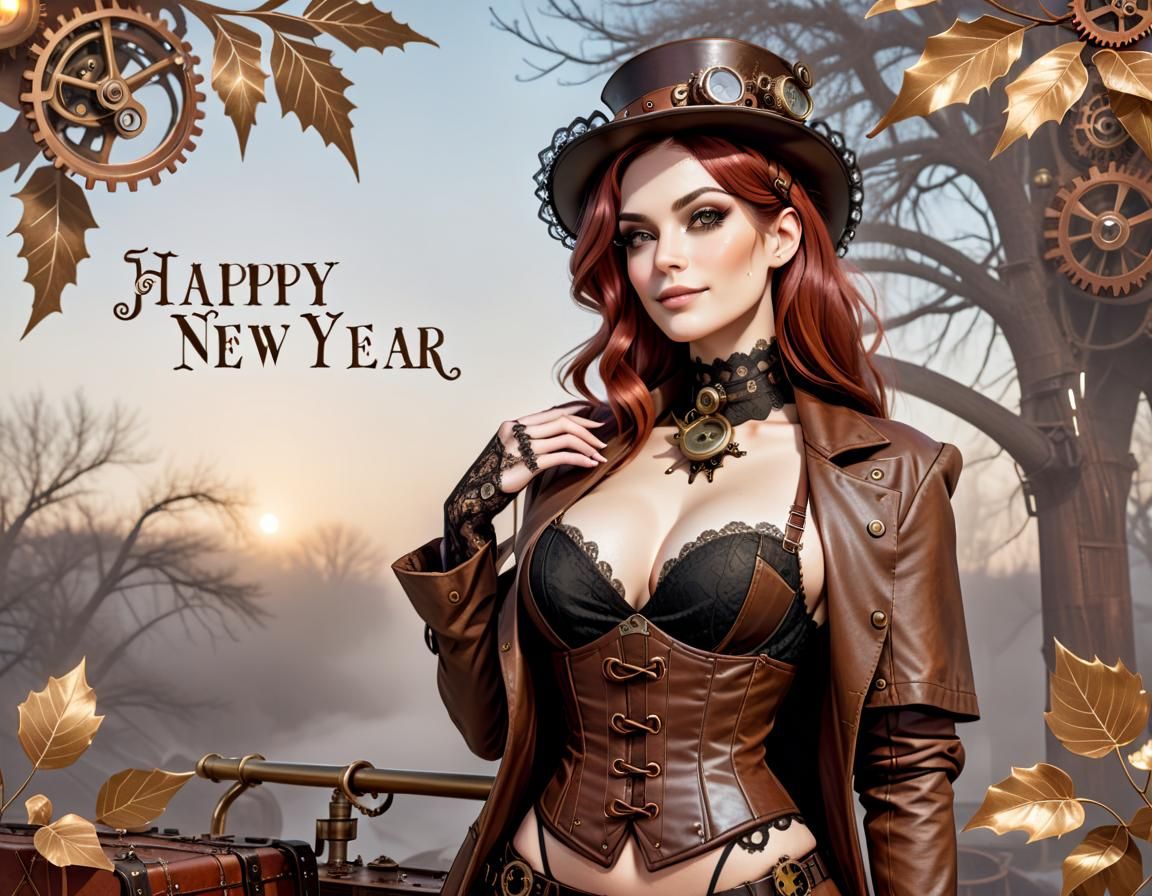 Steampunk Woman Celebrates New Year