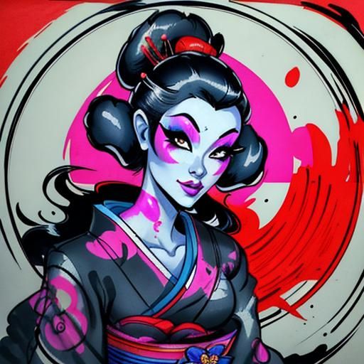 Geisha in Kimono: Retro Synth-Wave Ink Drawing