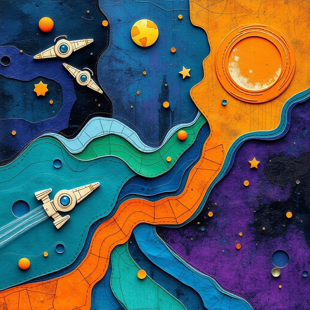 Vibrant Cosmic Dreamscape in Folk Art Style