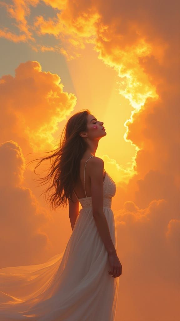 Woman with Scars Gazing at Sunset, Ethereal Lighting
