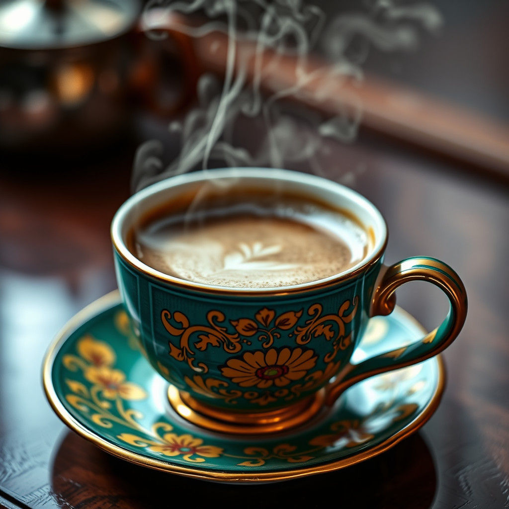 Steaming Coffee Cup in Hermes Style, Hyperrealistic