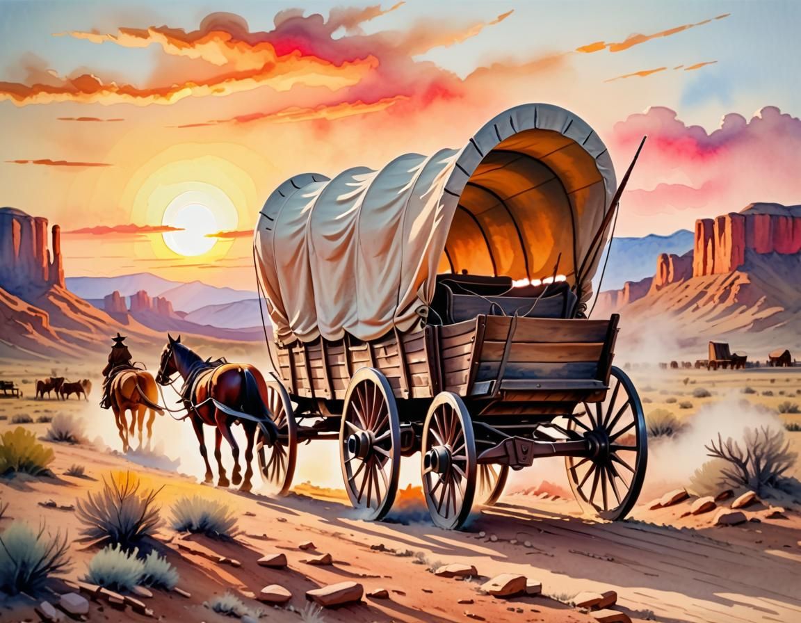 Old West Covered Wagon in Gouache Watercolor Style