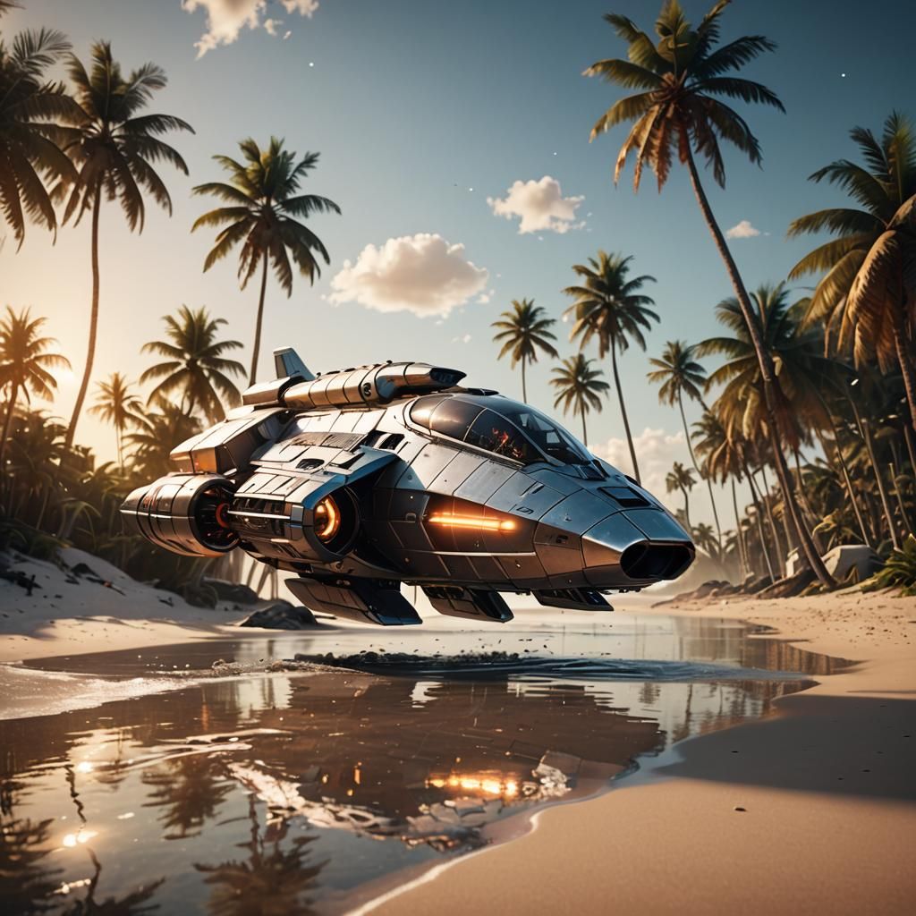 Photorealistic Spaceship Hovering Over Tropical Beach