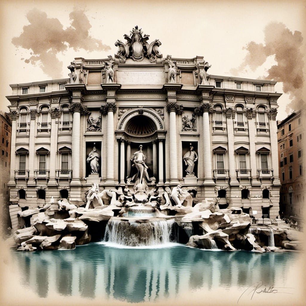 Sketch of the Trevi Fountain in Rome in a vintage style.
