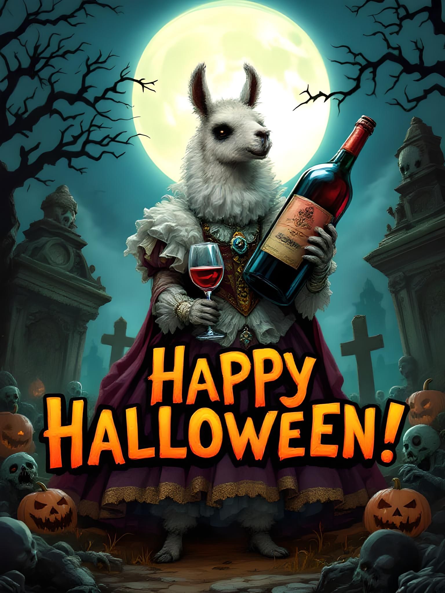 Llama Marie Antoinette Halloween in Cemetery