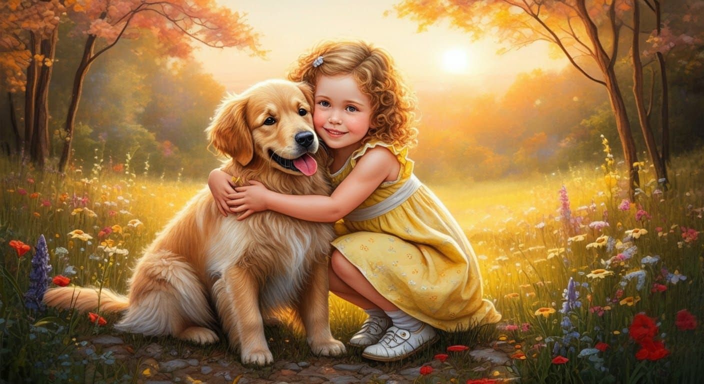 Girl Hugging Dog in a Thomas Kinkade Style Meadow