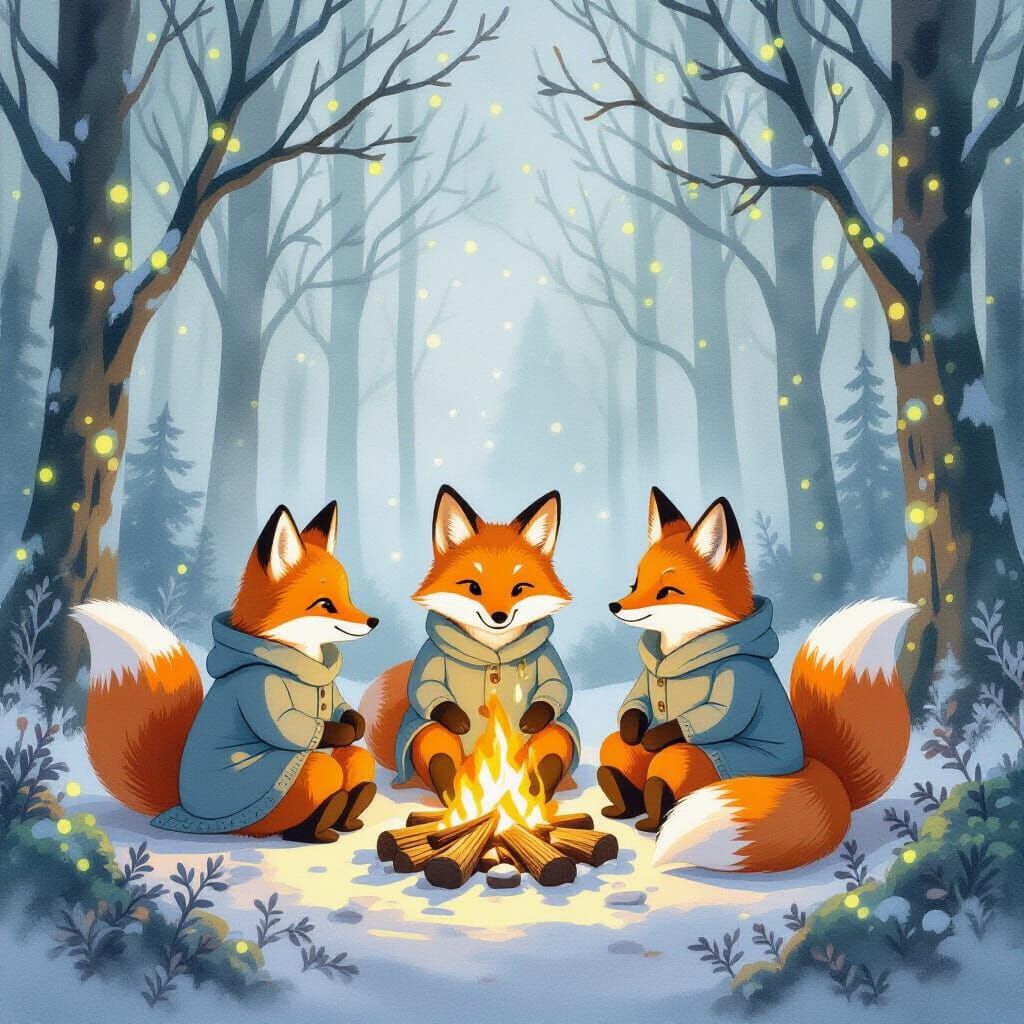 Bioluminescent Foxes Gather in Enchanted Grove, Watercolor S...