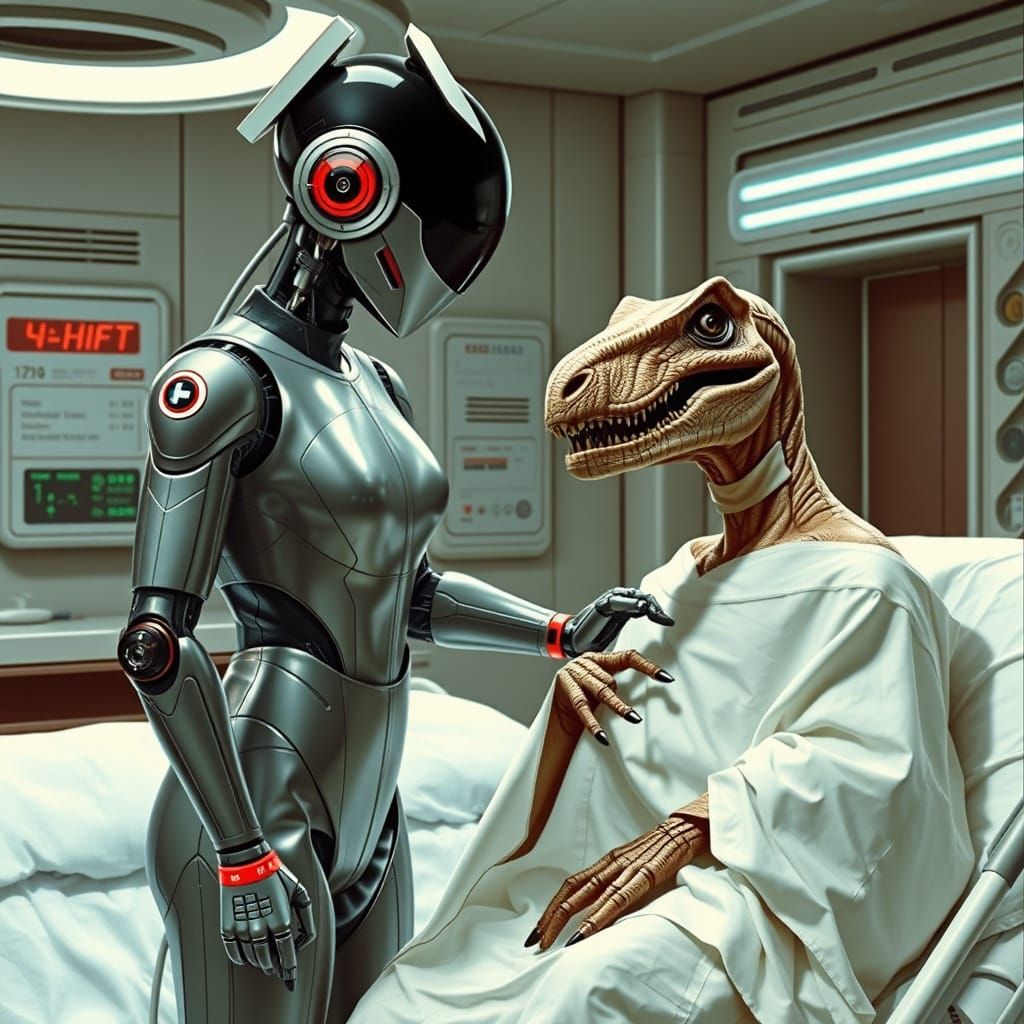 Retro-Futuristic Robot Nurse Tending Dinosaur Person