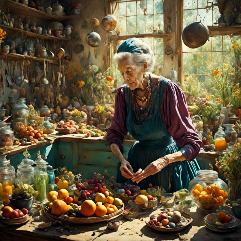 Kitchen Witch Creates Magic Treats, Digital Collage Art