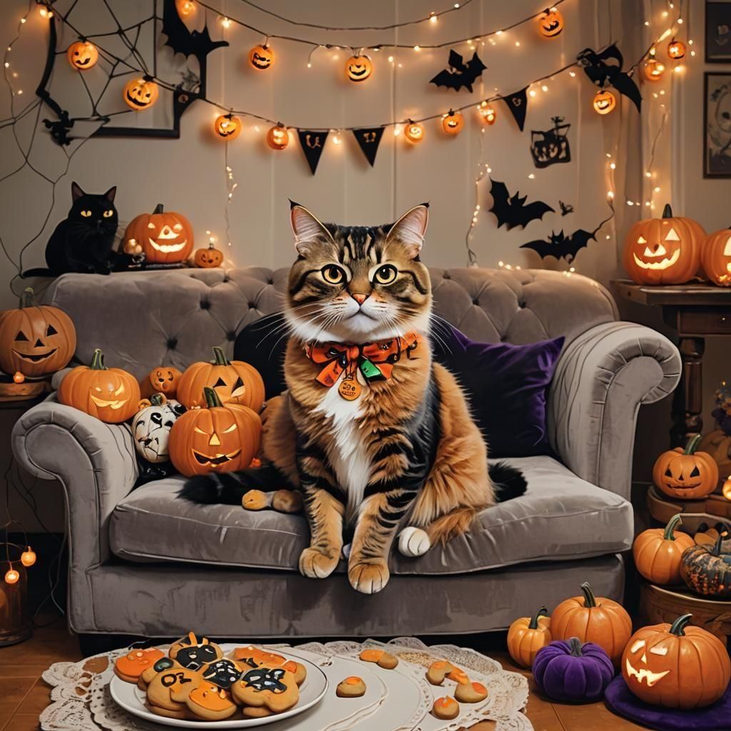 Halloween Cat: Anime Style Treats in Cozy Room