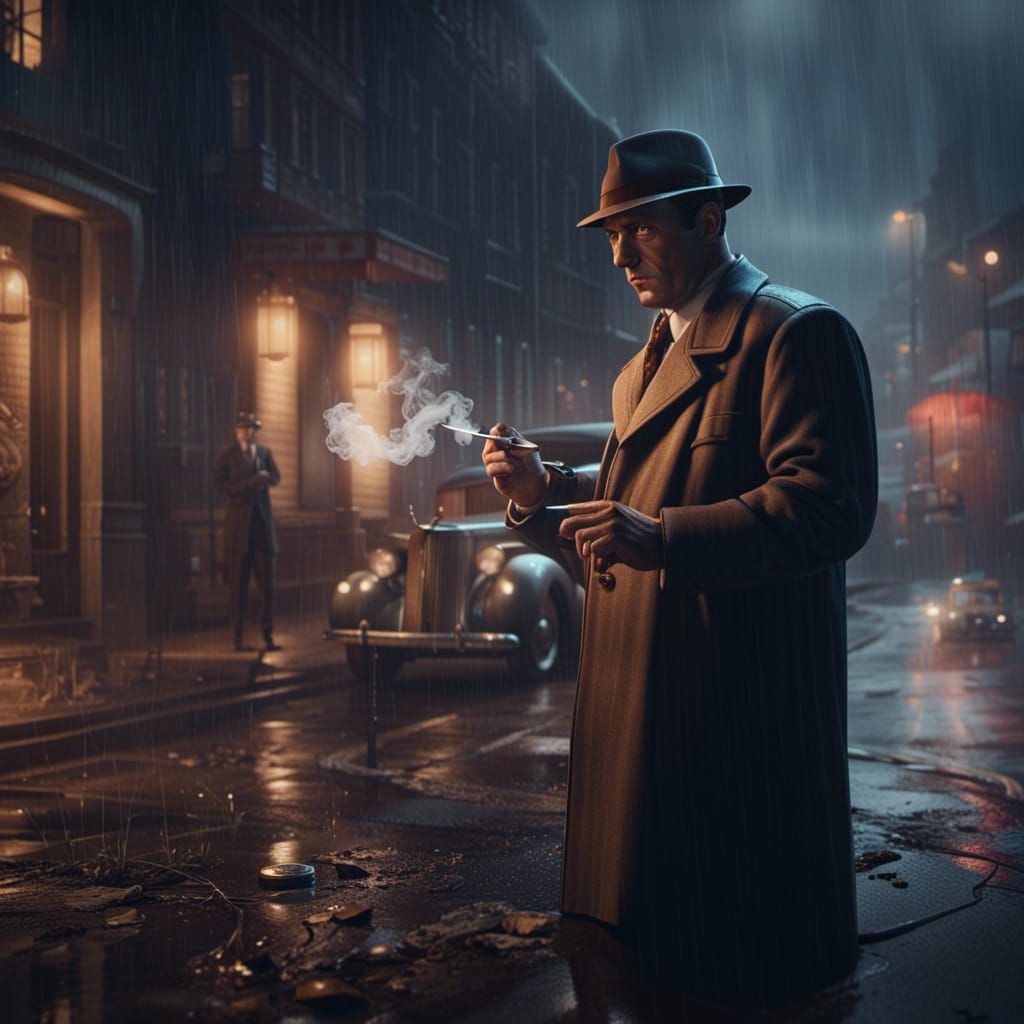1940s Detective at Rainy Crime Scene: Matte Painting