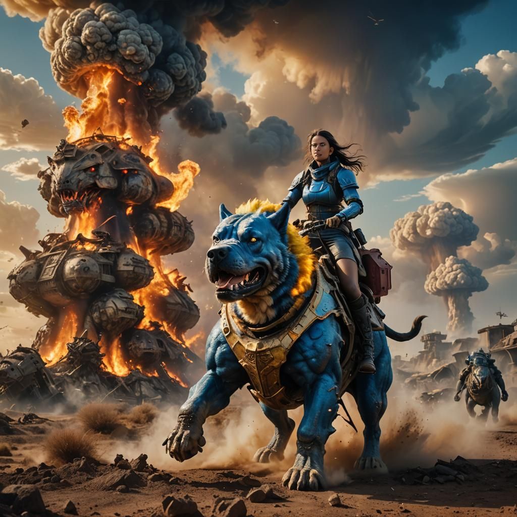 Girl Rides Armored Dog in Wasteland: Ultra-Realistic Photo