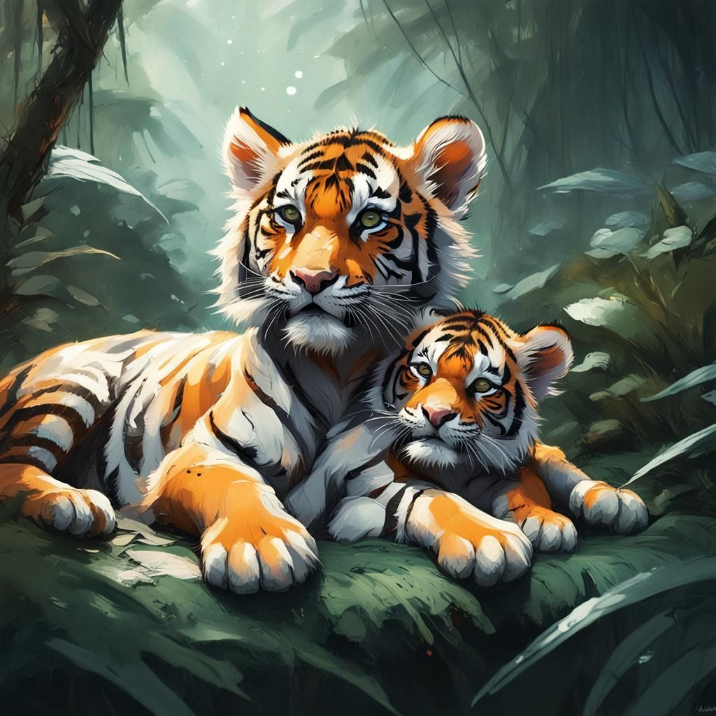 Adorable Tiger Cub on Parent in Jungle Art