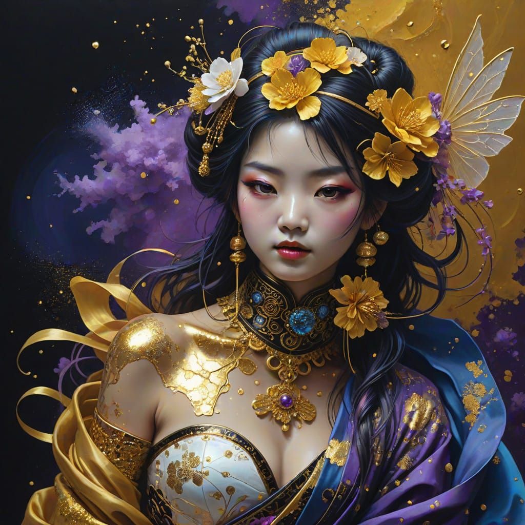 Cyberpunk Geisha Illuminates Golden Oil Painting
