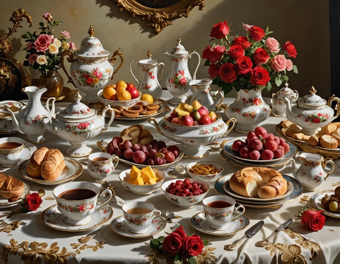 Opulent Rococo Breakfast Still Life with Roses