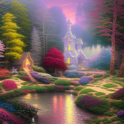Ethereal Fantasy Landscape in Thomas Kinkade Style