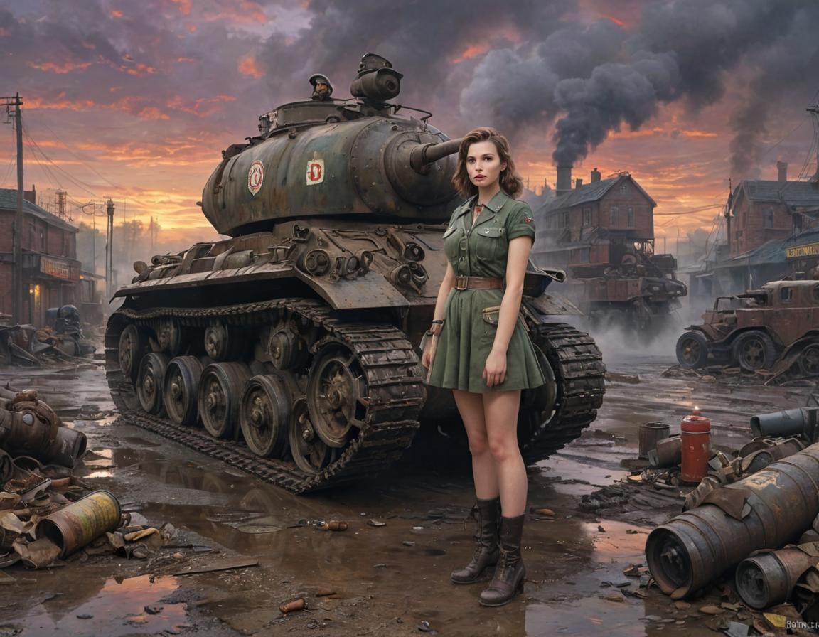 Dieselpunk Soldier Near Tank at Sunset