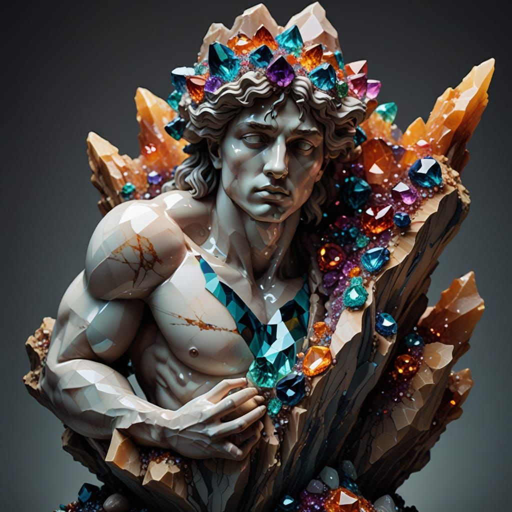 Vibrant Dreamscapes: Marble Statue Unfolds from Geode