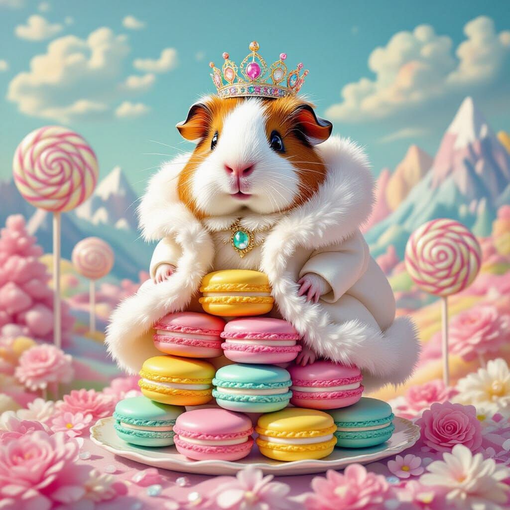 Regal Guinea Pig on Macarons in Pop Surrealism Style