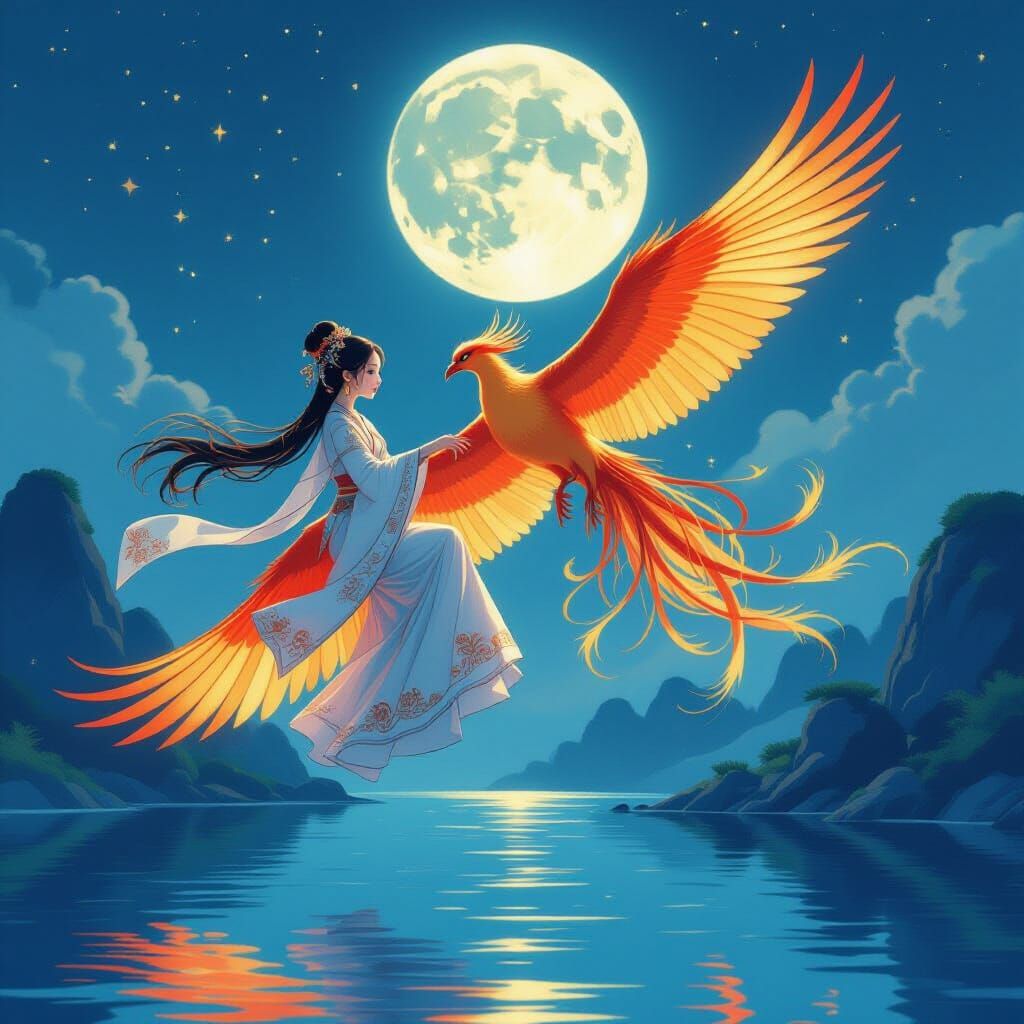 Girl Riding Phoenix Towards Moonlit Water