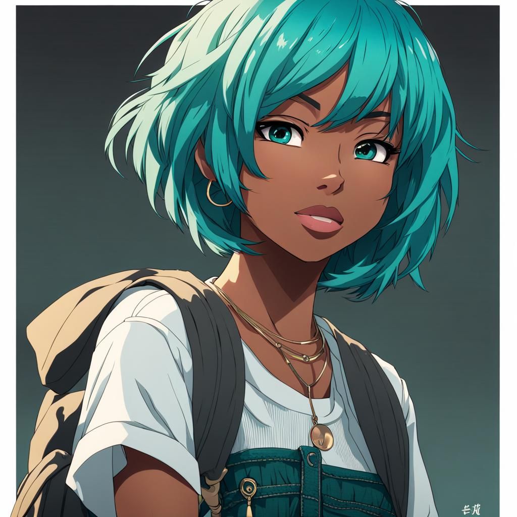 Tomboy Black Woman with Teal Hair in Anime Style