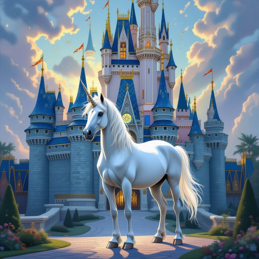 Majestic Unicorn and Castle in Mystical Realism
